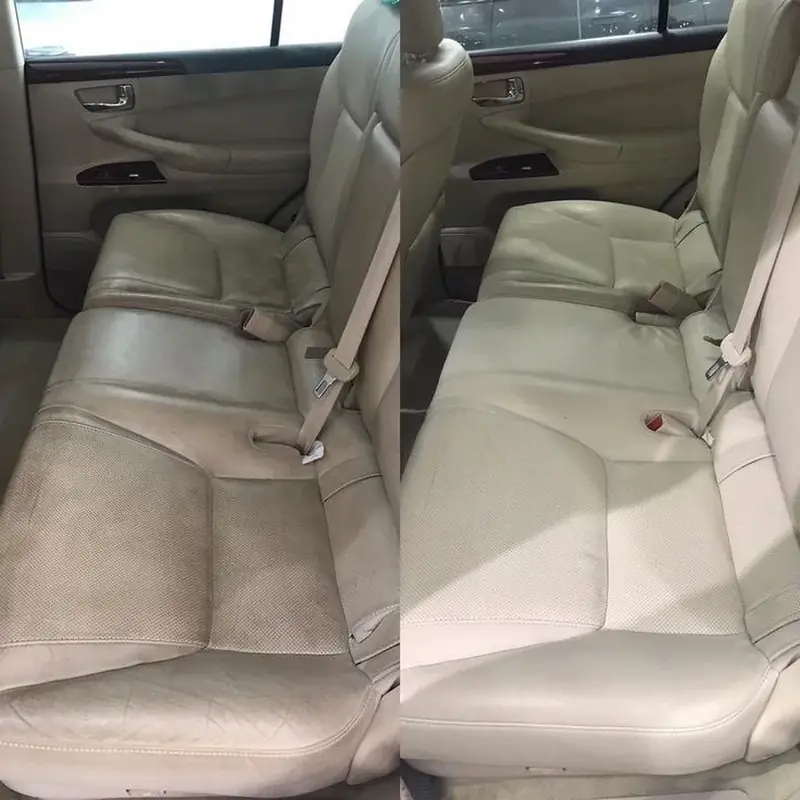 Sièges arrière en cuir beige avant et après nettoyage par Nouss Auto